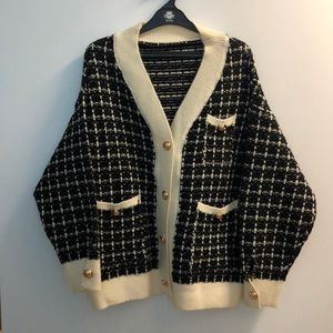 Oversized Black and White Tweed Cardigan